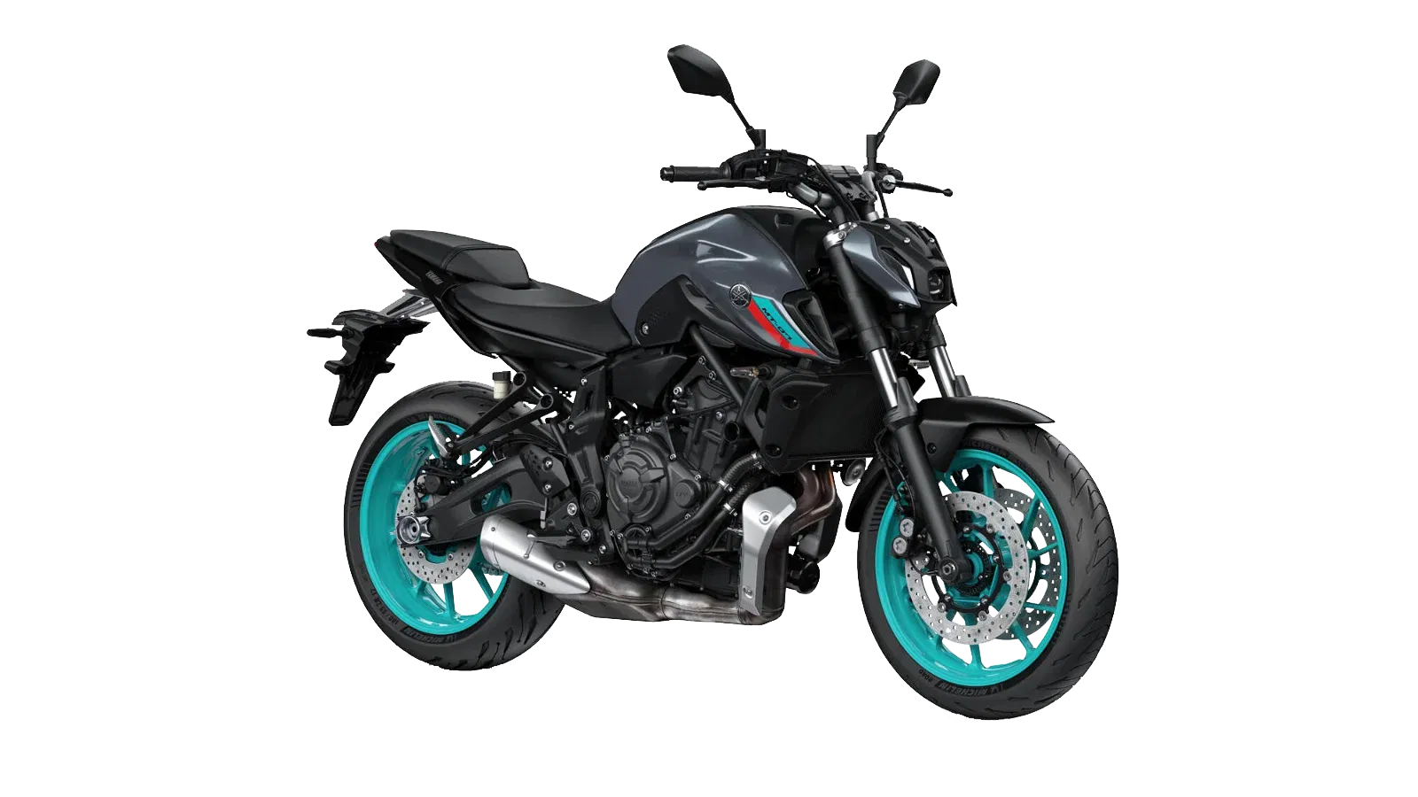 Schwarze Yamaha MT-07 mit türkisen Felgen aus dem Motorradangebot der Fahrschule Joy
